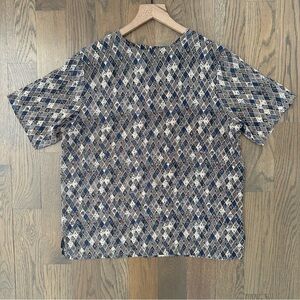 Vintage Checkerboard Floral Printed Silk Short Sleeve Blouse Blue, Tan, Cream S